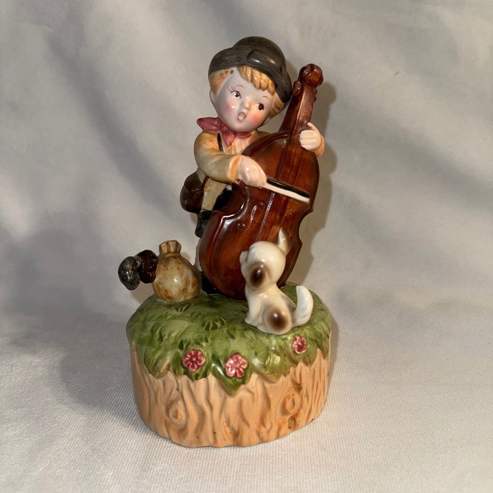 Vintage Musical Figurine Boy with Cello Dog Umbrella Money Sack‎ Christmas 1985
